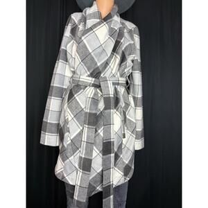 Matilda Jane Women’s Check It Twice grays & White Plaid Coat Jacket belt pockets